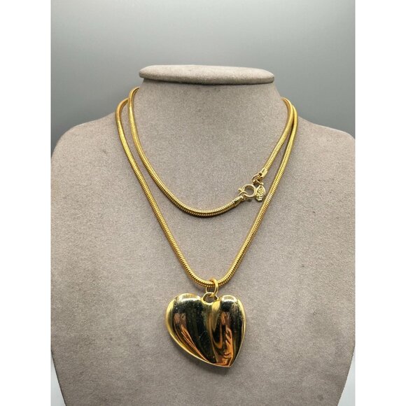 Vintage Carolee Heart Necklace 90s Long Snake Coil Chain Gold Tone Love Pendant - Picture 5 of 8